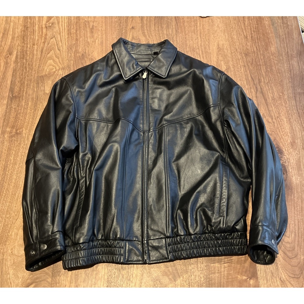 Men's XL Roundtree & Yorke Black Leather Bomber Flight Jacket Full-Zip